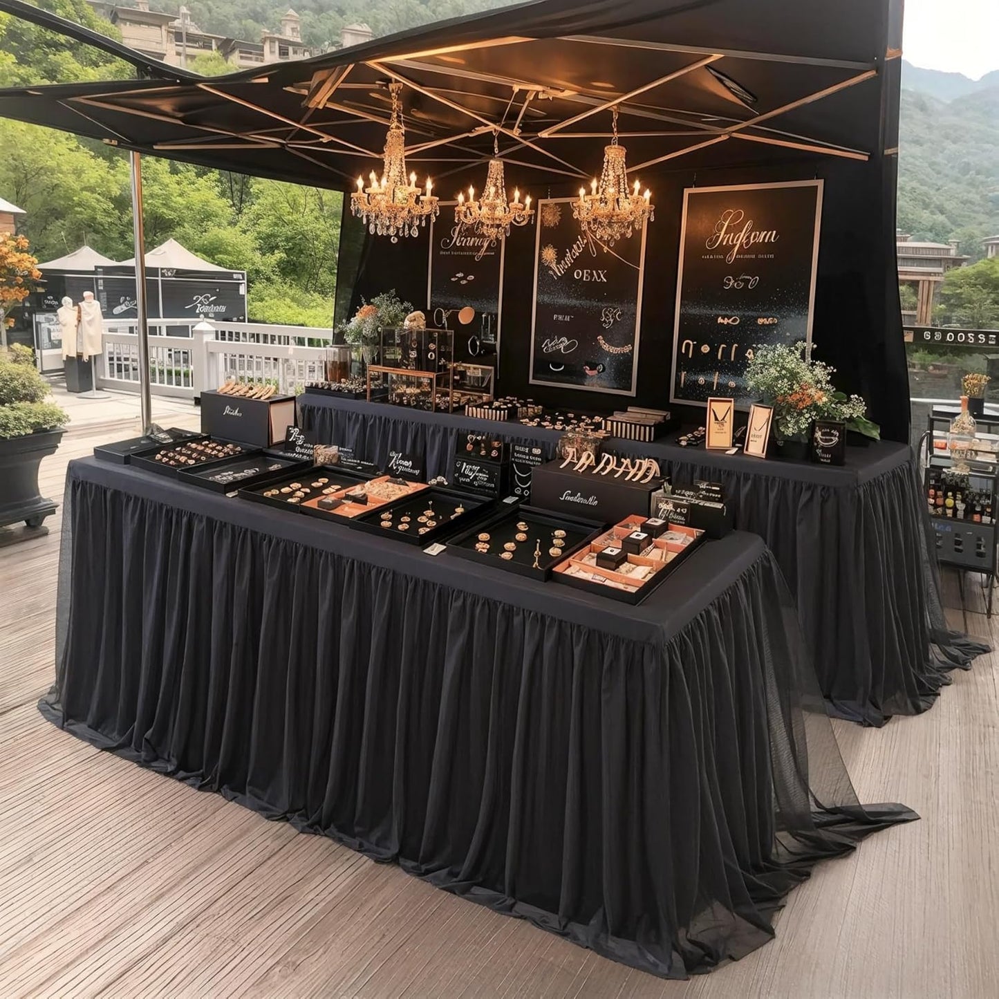 Black Tulle Tablecloths for 6 Foot Rectangular Tables 6ft Black Table Cloth Rectangle Wrinkle Free Stretch Spandex Table Cover with Tutu Skirt for Wedding Birthday Party Banquet Buffet Tradeshow
