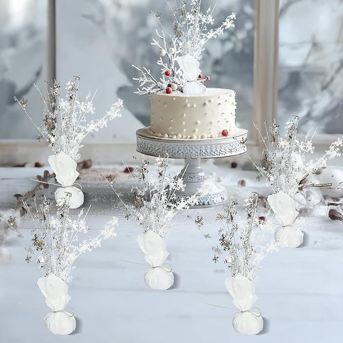 Gyufise 6 Pack Metallic Foil Spray Centerpiece Snowflake Table Decoration Burst Table Centerpieces Table Decor for Winter Wonderland Birthday Wedding Anniversary Holiday Party Supplies Silver White
