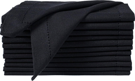 Bedding Craft Cloth Dinner Napkins Set of 12 – 18x18 Jet Black Linen-Look Hemstitched – Reusable Machine Washable Fabric Napkins for Weddings, Events & Everyday Dining