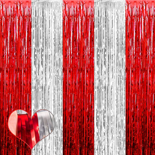 4 Pack 3.2Ft x 9.8Ft Red and Silver Fringe Curtain Backdrop, Metallic Tinsel Foil Fringe Streamers Curtains Background for Photo Booth Wedding Circus Welcome Carnival Birthday Party Decorations
