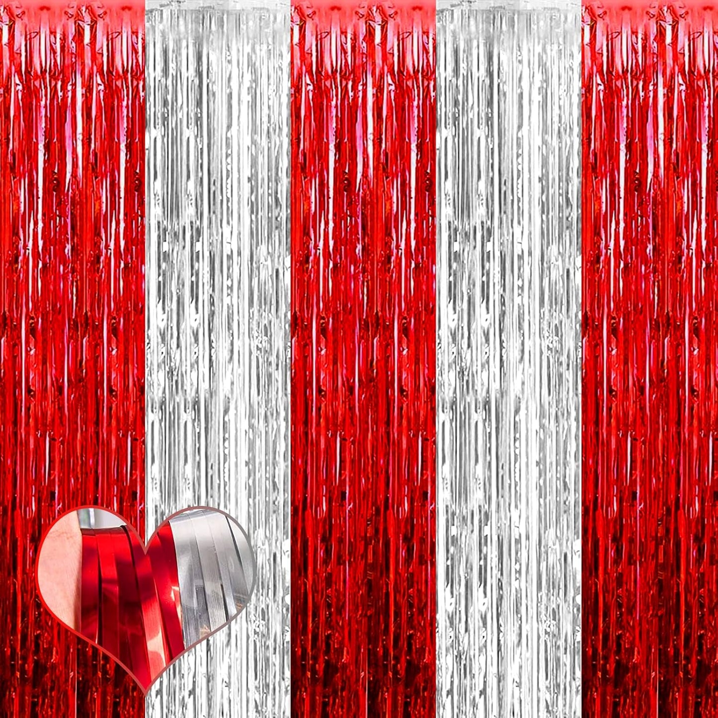 4 Pack 3.2Ft x 6.6Ft Red and Silver Fringe Curtain Backdrop, Metallic Tinsel Foil Fringe Streamers Curtains Background for Photo Booth Wedding Circus Welcome Carnival Birthday Party Decorations