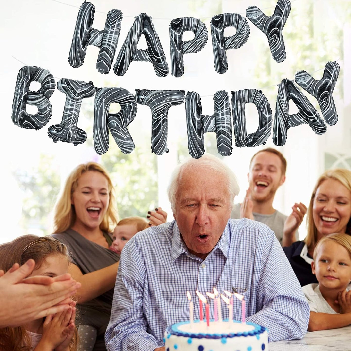 TONIFUL Black Marble Happy Birthday Balloons Banner,16 Inch Mylar Foil Letters Birthday Sign Bunting for Girls Boys Kids & Adults Birthday Decorations and Party Supplies