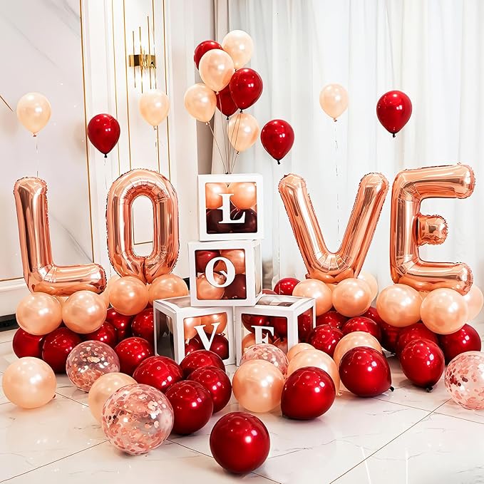 Valentines Day Party Decorations, Balloon Boxes with Letters/ 32" LOVE Balloons/Rose Gold and Red Balloons for Galentines Mothers Day Wedding Proposal Engagement Anniversary Party Decorations