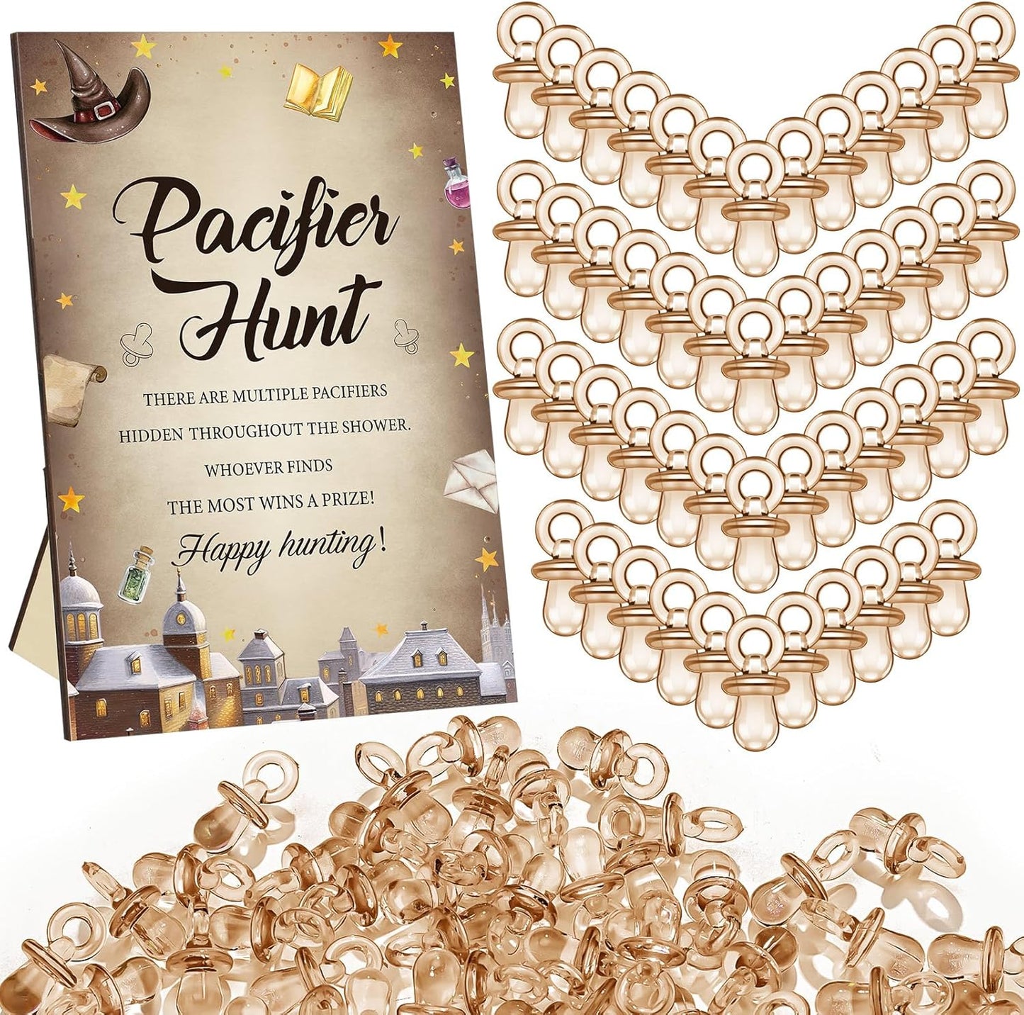 Thyle 51 Pcs Pacifier Hunt Baby Shower Games Include Hunt Sign and 50 Acrylic Pacifiers for Baby Shower Game Decoration Gift Sets Gender Reveal Party Decor(Magical Wizard)