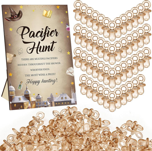 Thyle 51 Pcs Pacifier Hunt Baby Shower Games Include Hunt Sign and 50 Acrylic Pacifiers for Baby Shower Game Decoration Gift Sets Gender Reveal Party Decor(Magical Wizard)