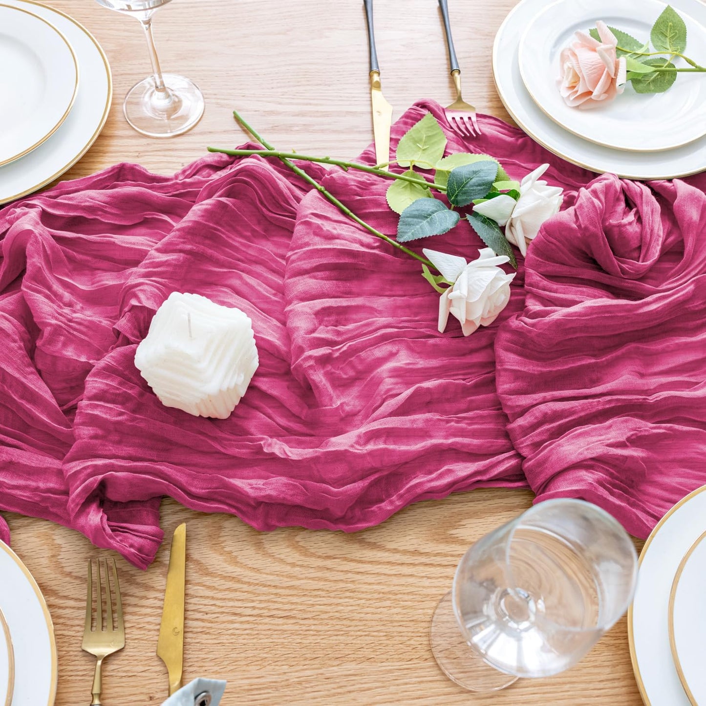 Wokceer Cheesecloth Table Runner 10FT Deep Pink Boho Gauze Fall Thanksgiving Cheese Cloth Table Runner for Party Long Rustic Sheer Table Runners for Baby Bridal Shower Wedding Easter Table