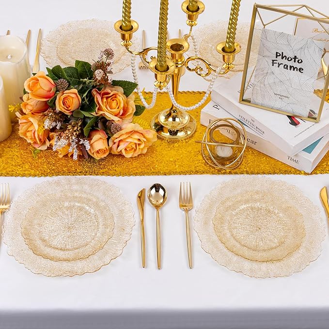 U-QE 60PCS Gold Plates for Party - Gold Plastic Plate Disposable&Reusable - Gold Glitter Heavy Duty Plastic Plates for Party&Wedding Including 30 Dinner 10" & 30 Dessert Plate 7"