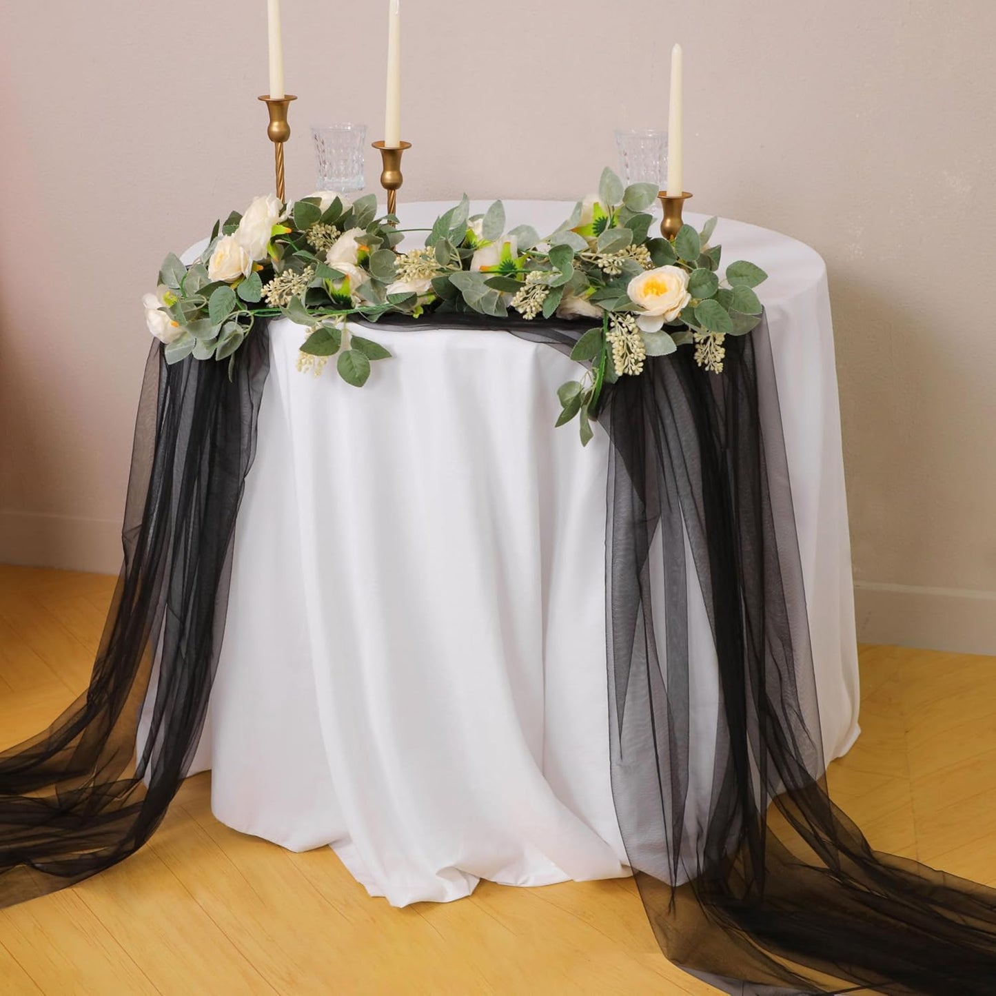 Snowkingdom Black Table Runner, 10FT Sheer Tulle Cheesecloth Gauze Runner 120 Inch, Boho Table Centerpieces Decoration for Wedding Baby Bridal Shower Birthday Halloween Holiday Party