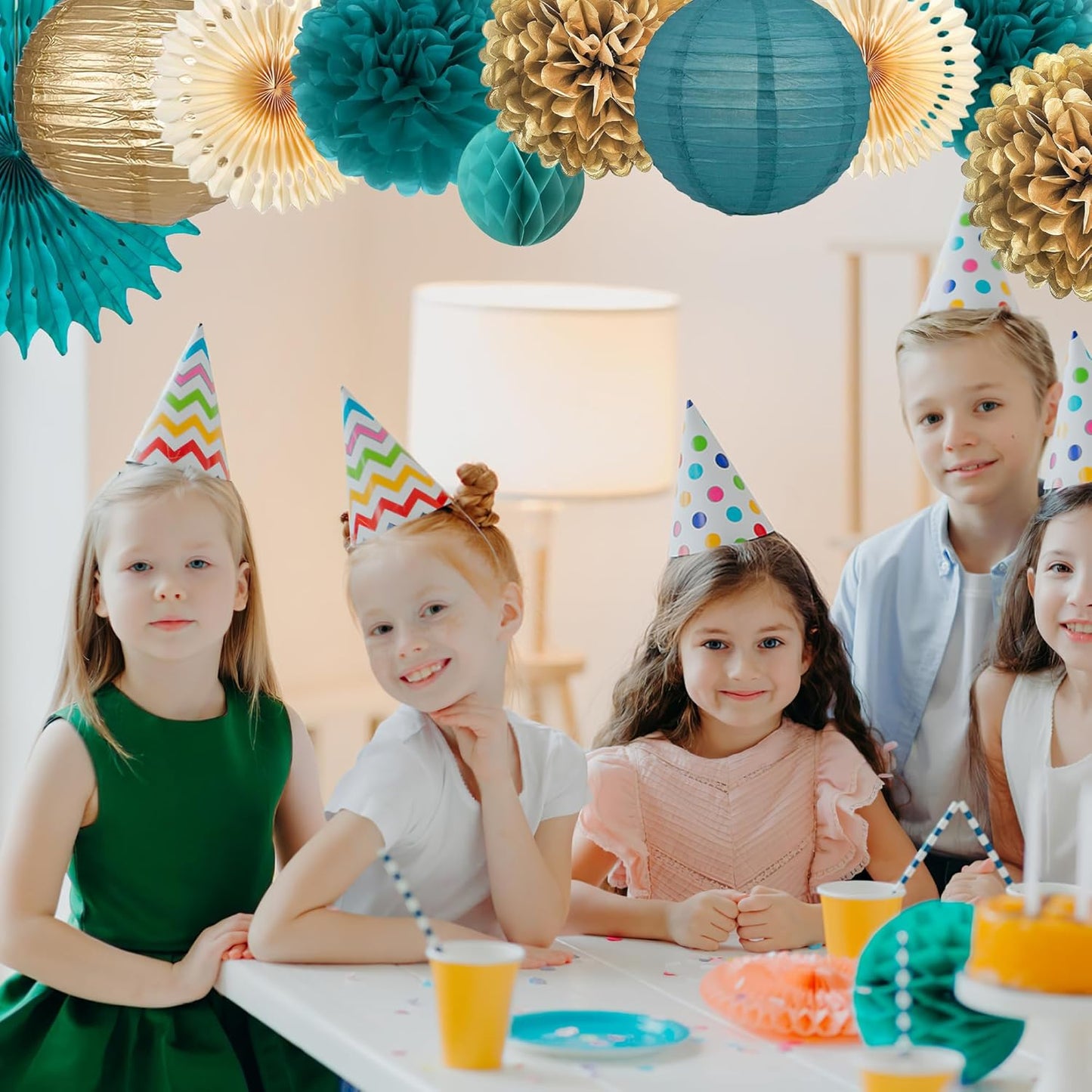 Dark Teal and Gold Party Decorations Dark Teal and Gold Paper Fans Paper Lanterns Pom Poms Flowers for Baby Shower Birthday Wedding Engagement Party