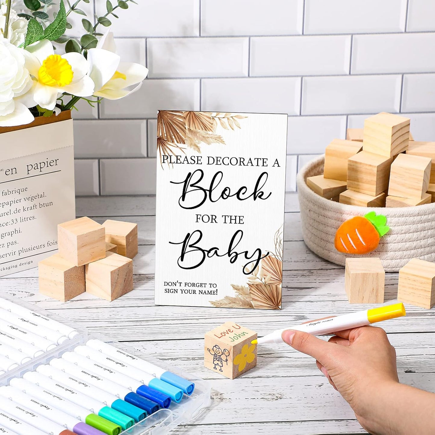 Tatuo 75 Pcs Baby Shower Games Sign Kit Including Decorate a Block Game Sign 50 DIY Wooden Block 24 Acrylic Paint Marker Baby Shower Prize for Gender Reveal Party(Boho)