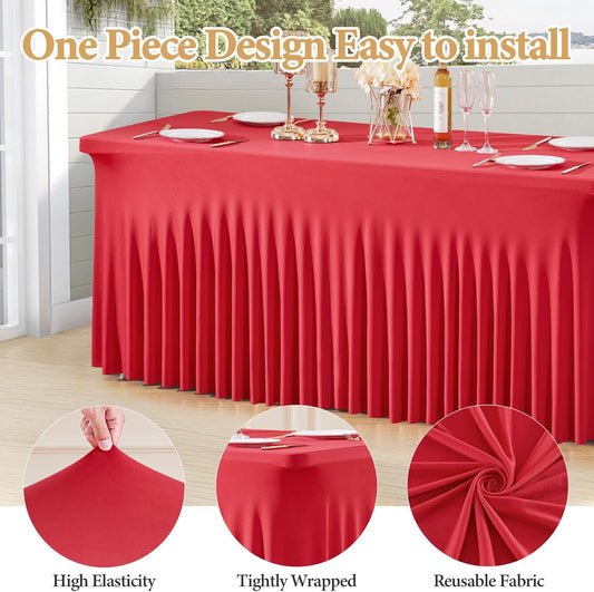 2 Packs Red Spandex Table Clothes for 4 Foot Rectangle, Stretch Christmas Skirts Wrinkle-Free Fitted Cover for Event, Wedding, Banquet & Parties