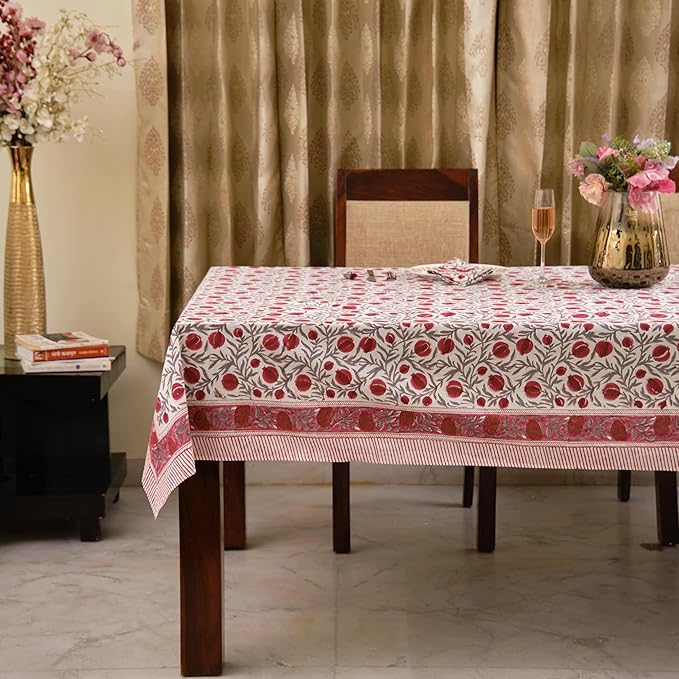Ridhi Hand Block Print Sangria Red Rectangle Cotton Tablecloth 190" x 72" Reusable Table Cover Decorative Everyday Use for Dining, Farmhouse, Home Gift for Spring, Easter, Valentine