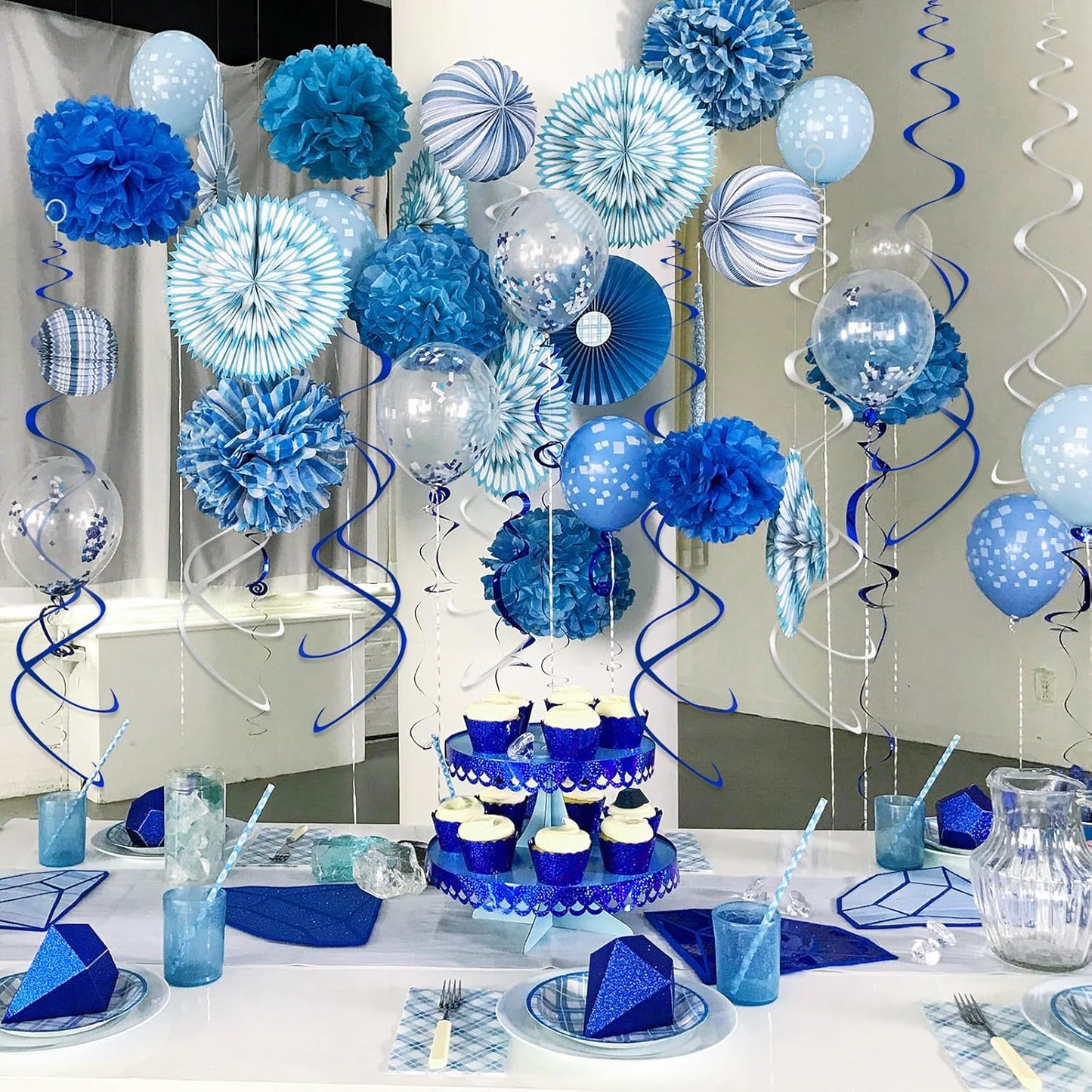 Hanging Swirl Decorations Blue and Silver Swirl Decoration 30pc Party Streamers for Ceiling 24"
