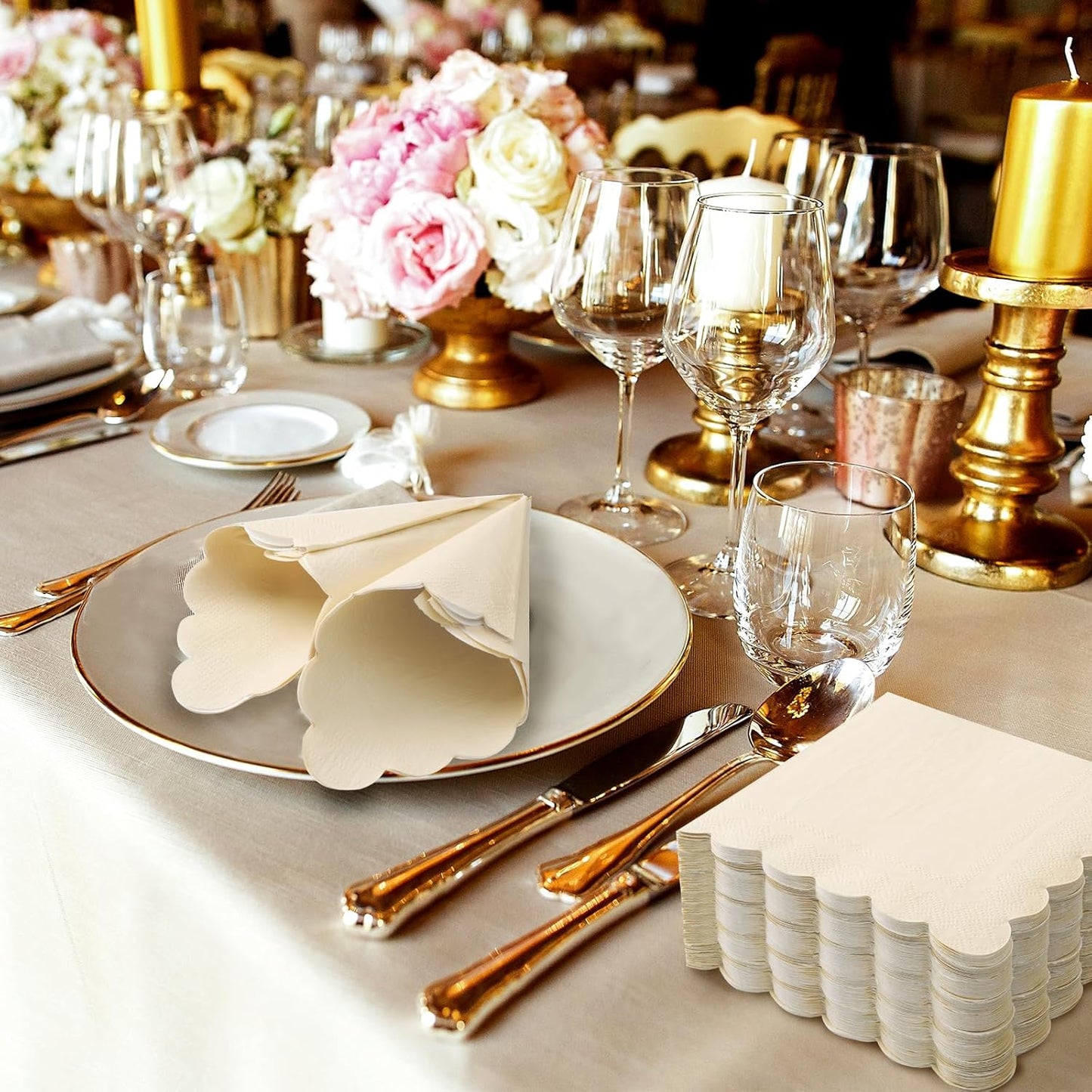 100 Cream Scalloped Cocktail Napkins, 3 Ply 5 x 5 Inch Beverage Napkins Paper Napkins Disposable Luncheon Napkins for Wedding Birthday Party Bridal Anniversary Baby Shower