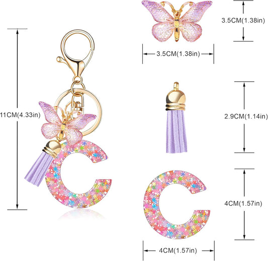 Fashion Alphabet Initial Letter Keychain Tassel Butterfly Pendant Key Ring for Purse Handbags Women Girl