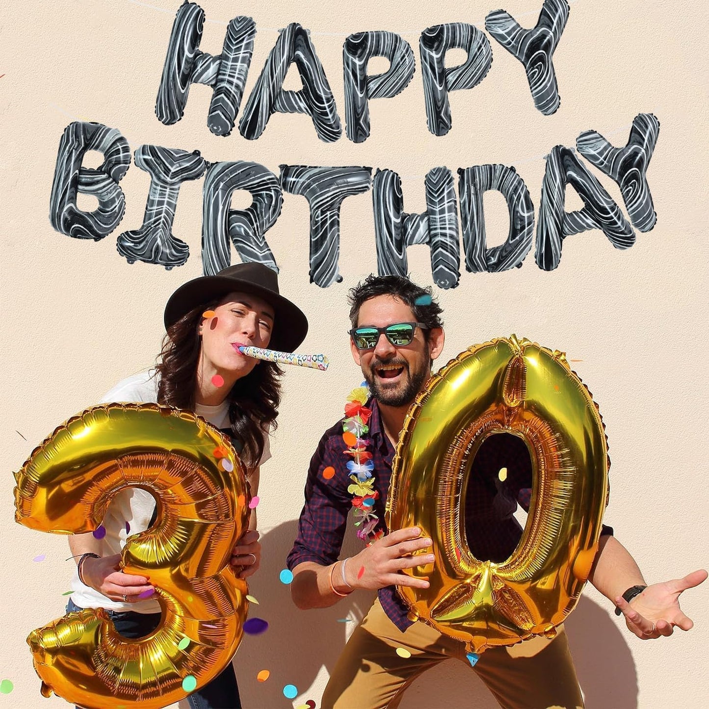 TONIFUL Black Marble Happy Birthday Balloons Banner,16 Inch Mylar Foil Letters Birthday Sign Bunting for Girls Boys Kids & Adults Birthday Decorations and Party Supplies