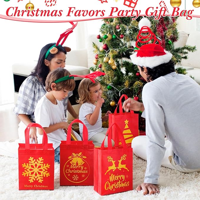 Wesnoy 24 Pcs Christmas Gift Bags Bulk 10 x 8 x 4 Inch Christmas Red Gold Non Woven Party Favors Goodies Candy Bags with Handles for Holiday Gift Birthday Party Supplies