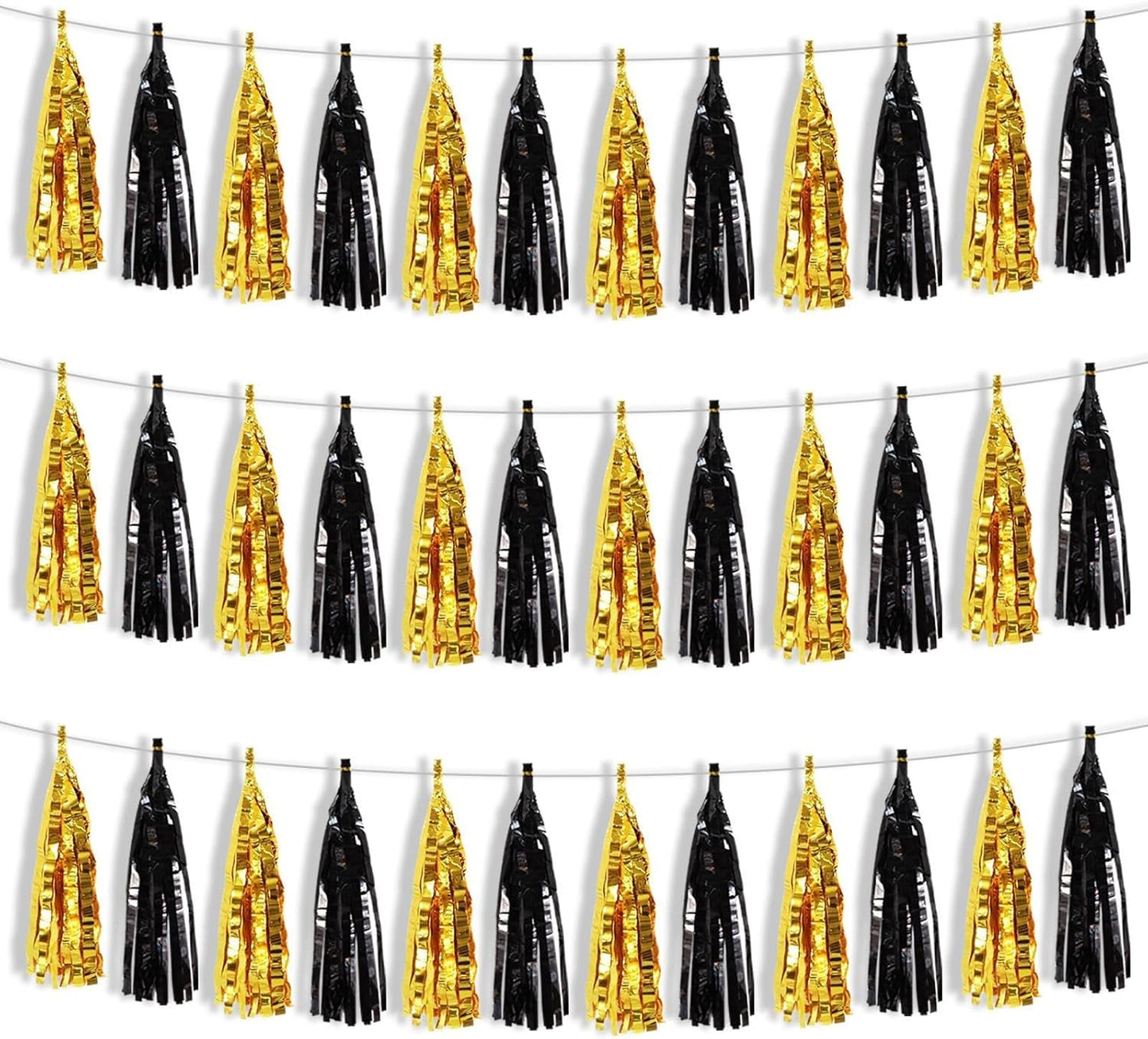 BEISHIDA 3 Packs Black Gold Metallic Foil Fringe Tassel Garland, Tassels Banner Streamers for Car Floats Bridal/Baby Shower Birthday Wedding Halloween Christmas Holiday Party Decoration