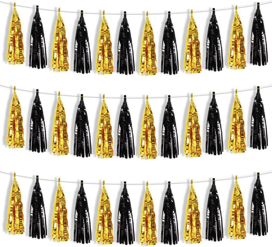 BEISHIDA 3 Packs Black Gold Metallic Foil Fringe Tassel Garland, Tassels Banner Streamers for Car Floats Bridal/Baby Shower Birthday Wedding Halloween Christmas Holiday Party Decoration