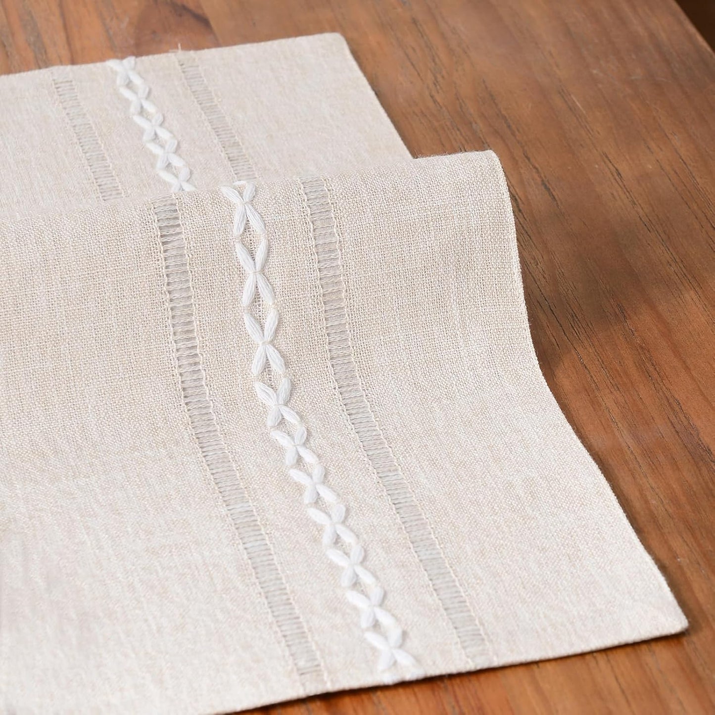 Wracra Cotton Linen Placemats, 14 x 19 Inch Set of 8 Placemats Rustic Hemstitch Place Mats for Kitchen Table and Heat Resistant-Hemstitch Ivory