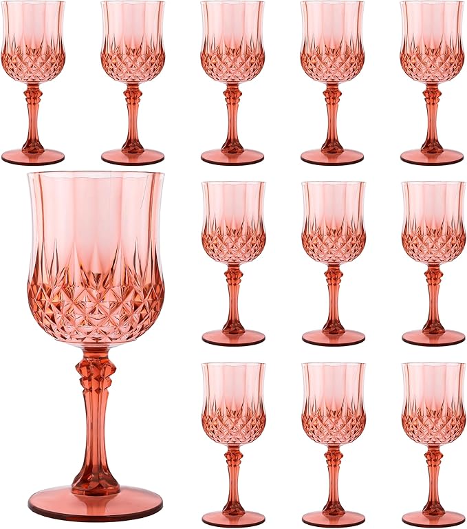 Plastic Wine Glasses, Plastic Goblets Vintage Style Cordial Unbreakable Drinking Glasses, Reusable Drinkware for Wedding Reception, Grand Event Party Supplies, Easter (12, Rose Gold)