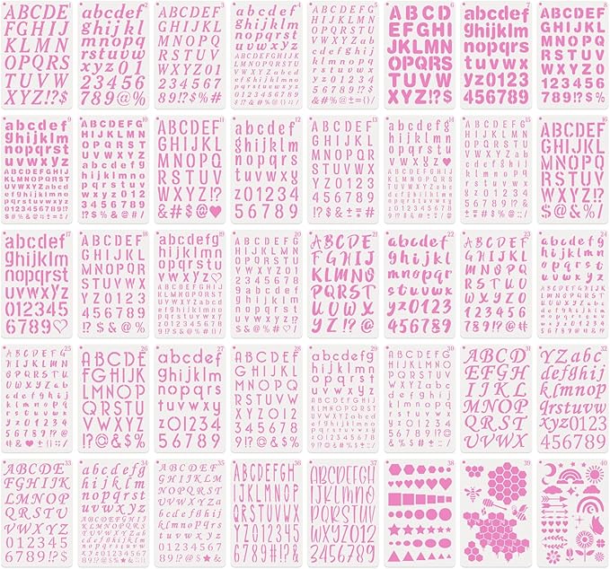 BAMIDELE Letter and Number Stencils for Painting - 40 PCS Small Alphabet Stencils (1, 0.75, 0.5, 0.35 Inch) for Crafts, Wood, Cakes - Reusable Plastic Bullet Journaling Letter Stencil (7.5 x 5 Inch)