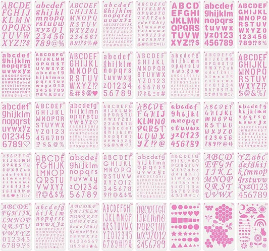 BAMIDELE Letter and Number Stencils for Painting - 40 PCS Small Alphabet Stencils (1, 0.75, 0.5, 0.35 Inch) for Crafts, Wood, Cakes - Reusable Plastic Bullet Journaling Letter Stencil (7.5 x 5 Inch)