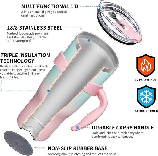 THILY 40 oz Insulated Tumbler with Handle - Stainless Steel Coffee Travel Mug with Lid and Straws, Keep Drinks Cold for 34 Hours or Hot for 12 Hours, Dishwasher Safe, BPA Free, Candy Pink