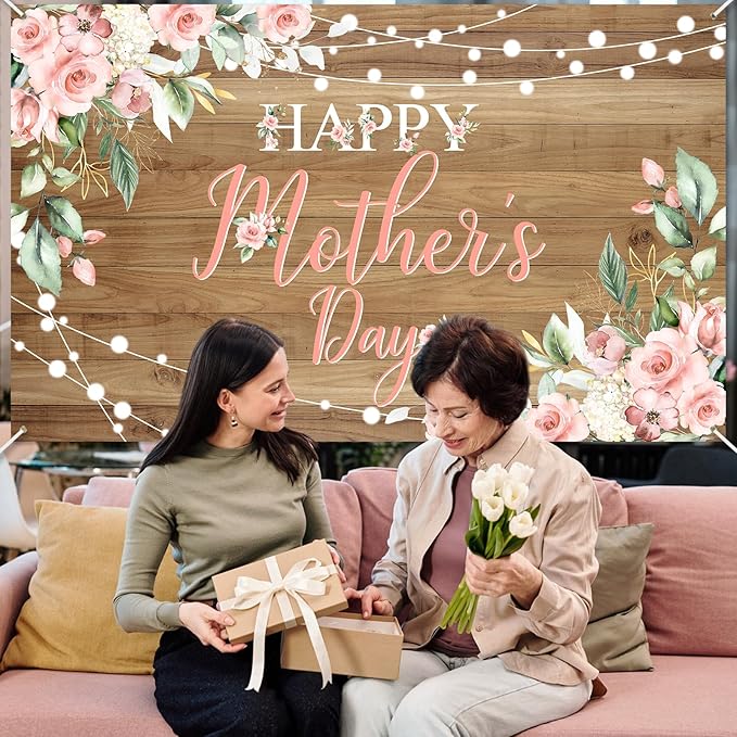 Avezano Happy Mother's Day Banner Floral Wood Mothers Day Backdrop Happy Mothers Day Party Decorations Thanks Mother's Day Photo Booth Props 6x3.6ft