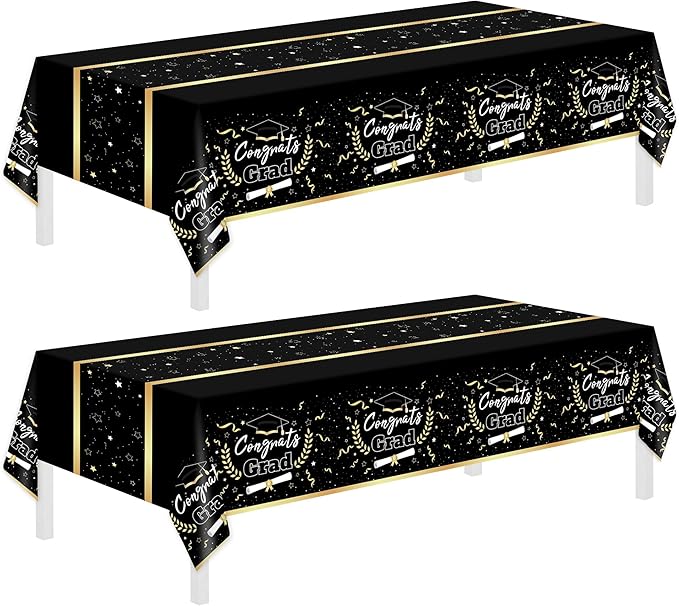 Childom 2 Pack Graduation Tablecloth,Graduation Decorations Class of 2026 Graduation Party Decorations,54"x108" Black and Gold Plastic Table Cloth Disposable Rectangle for Home,School,Party Supplies