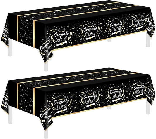Childom 2 Pack Graduation Tablecloth,Graduation Decorations Class of 2026 Graduation Party Decorations,54"x108" Black and Gold Plastic Table Cloth Disposable Rectangle for Home,School,Party Supplies