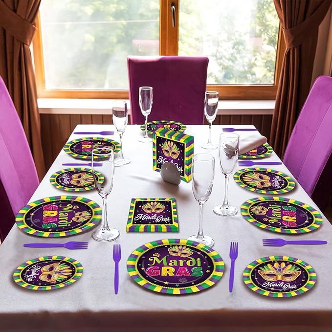96Pcs Mardi Gras Party Supplies Mardi Gras Paper Plates Napkins Forks Colorful Mardi Gras Decorations Dinnerware Disposable Party Favors Mardi Gras Party Decorations for Party Tableware Serves 24