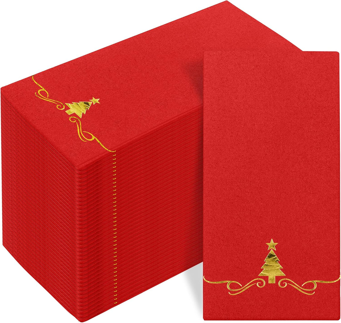 100 Pack Disposable Guest Napkins - 12 x 17 Inch Gold Foil Christmas Trees Napkins - Xmas Tree Hand Towels for Bathroom, Kitchen, Weddings, Holiday Party, Red