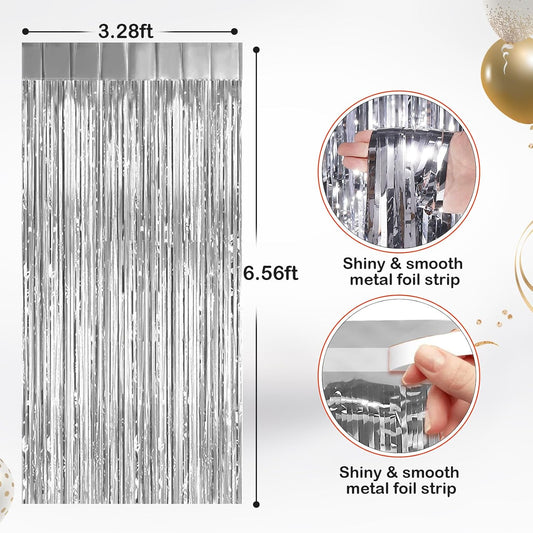 2 Pack Silver Metallic Tinsel Foil Fringe Curtains, Door Streamers Photo Booth Backdrop for Birthday Party, Tinsel Curtain Backdrop for Baby Shower Bachelorette Christmas Party Decorations