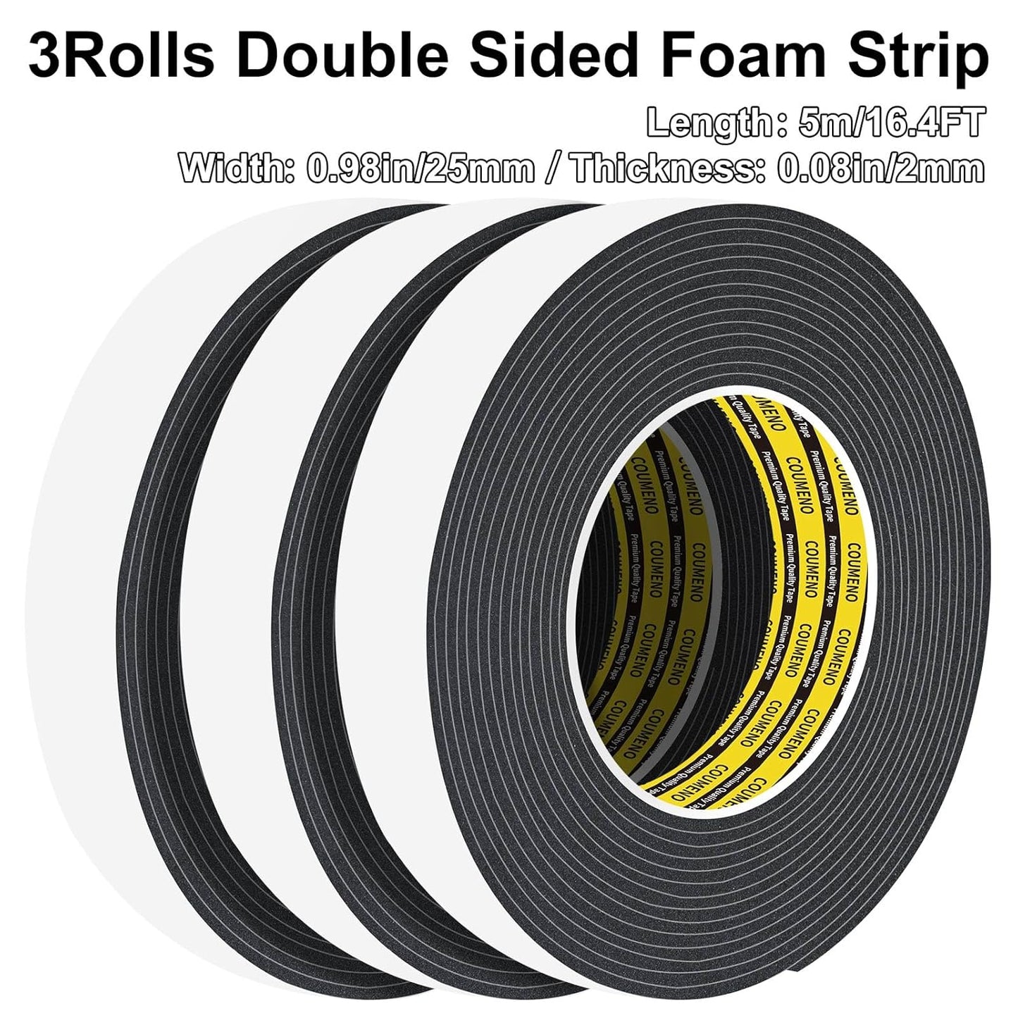 3Pack 0.98inX16.4FT Double Sided Foam Strip, EVA Foam Tape, Double Sided Sponge Adhesive Mounting Tape for Home Office Decor Black