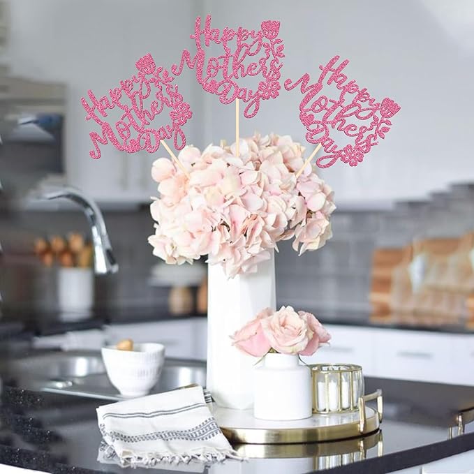12 PCS Happy Mother's Day Centerpiece Sticks Double Sided Glitter Rose Love Best Mom Centerpieces for Happy Mother's Day Theme Table Flower Decorations Women Birthday Party Supplies Pink