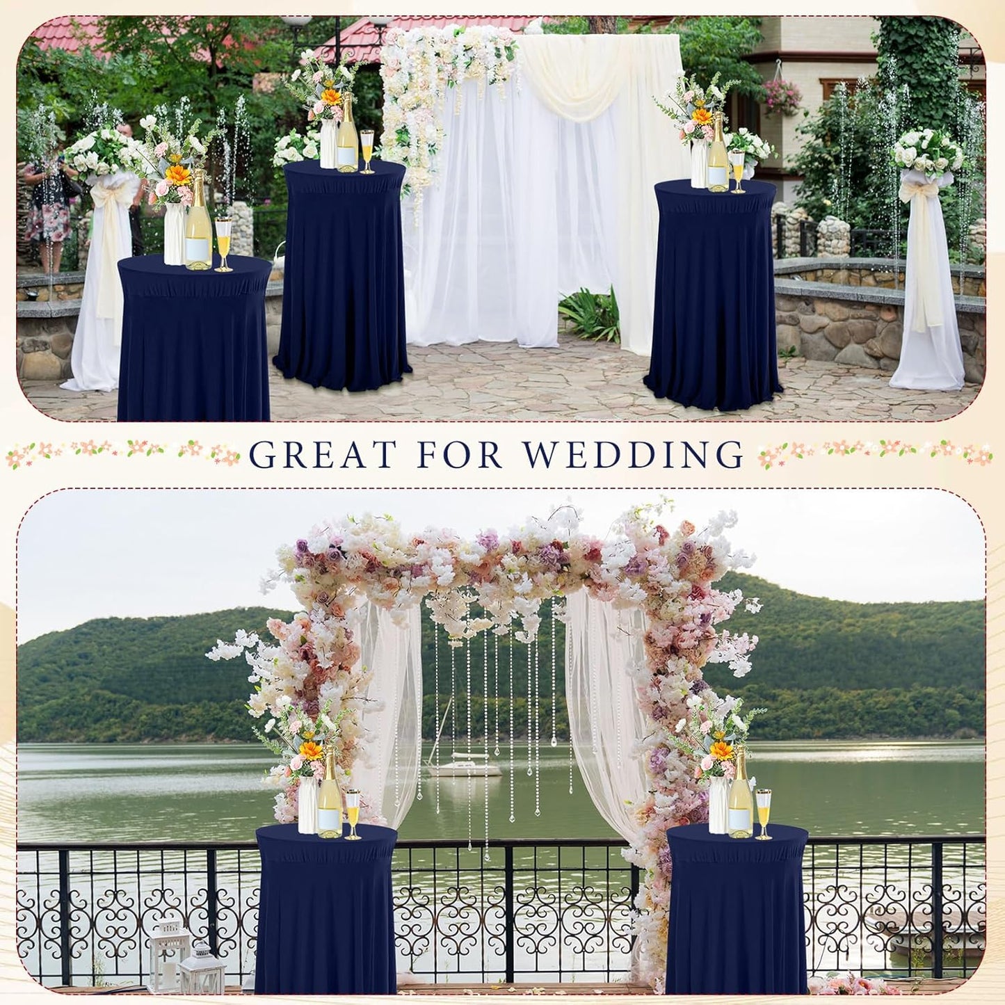 Tegeme 1 Pack 32 x 43 Inch Round Spandex Cocktail Tablecloths with Skirt Cocktail Round Table Cover Spandex Stretch Tablecloth for Fitted High Top Table Bar Wedding Party Banquet (Navy)