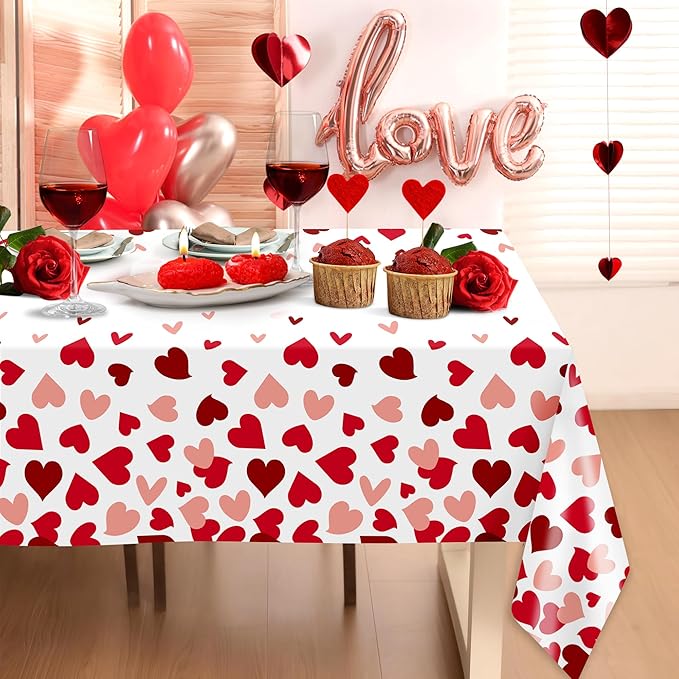 Childom 2 Pcs Valentines Day Tablecloths for Valentines Day Decorations,54" x 108" Disposable Plastic Tablecloths,Rectangle Red Heart Table Cover for Party Decorations Mothers Day Anniversary Birthday