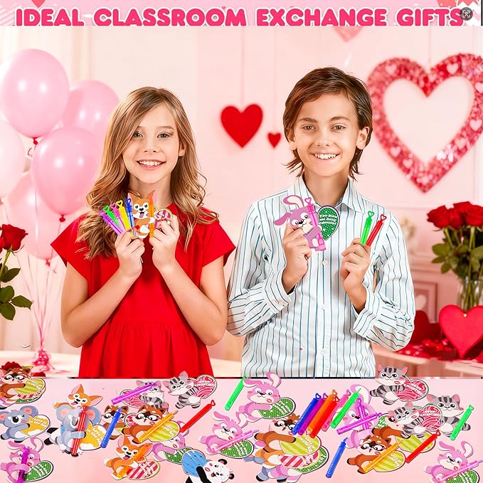 30 Pack Valentines Day Gifts for Kids School Mini Bubble Wands with Valentines Animals Valentines Cards for Kids Classroom, Valentines Day School Prize Party Favors Classroom Exchange Gift Set