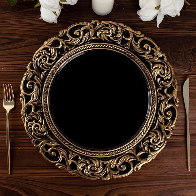 Efavormart Set of 6 Black/Gold 14" Round Plastic Charger Plates With Engraved Baroque Design Rim For Wedding Party Events