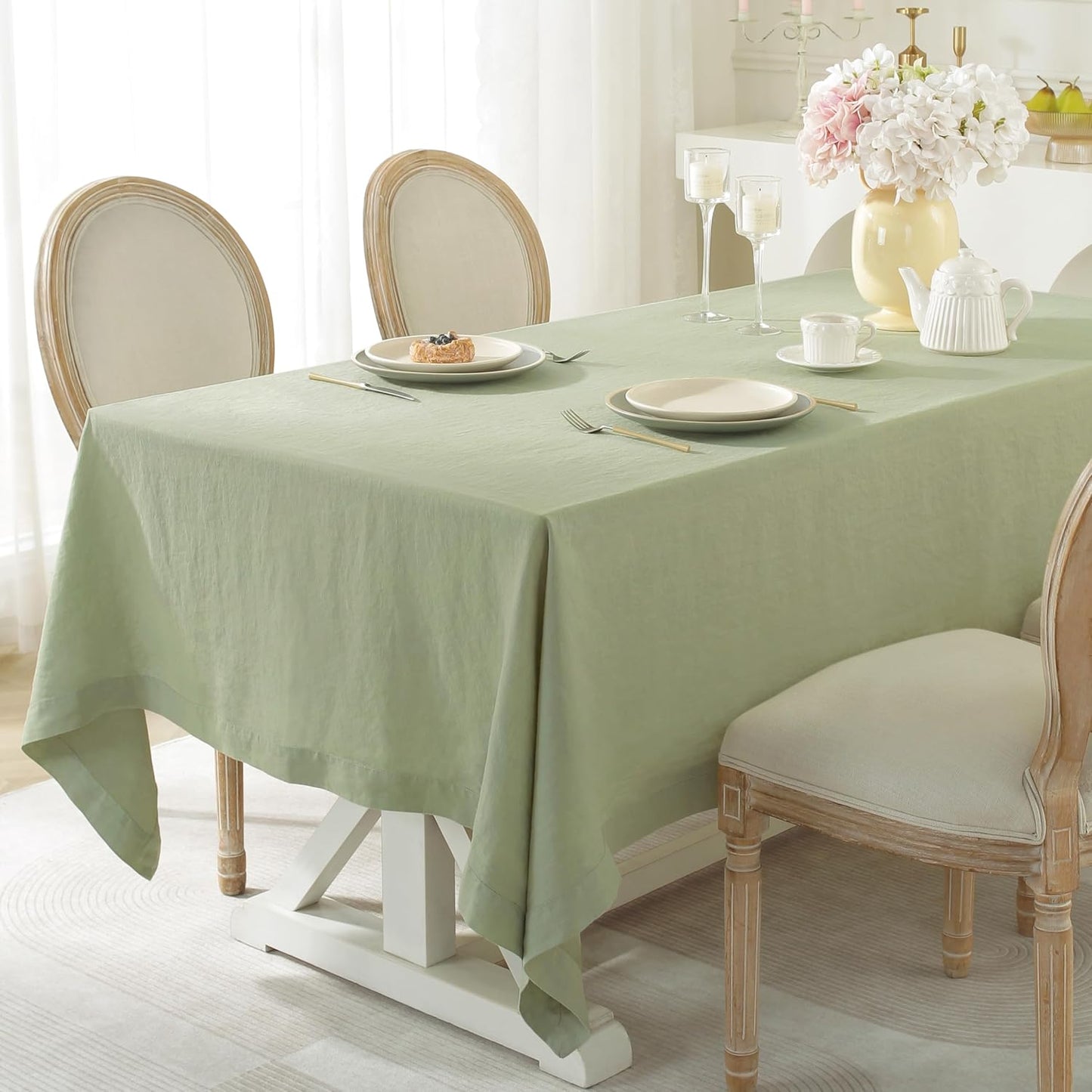 Linen World Linen Tablecloth,100% French Linen Sage Tablecloth 132" x 90" Inch,Washable Rectangular Tablecloth for Dining,Outdoor,Weddings and Restaurants,Decorative Thanksgiving Christmas