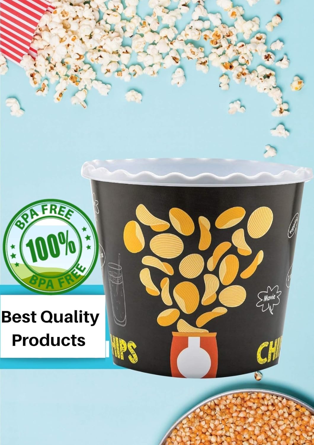Modern Style Reusable Plastic Popcorn Containers / Popcorn Bowls Set for Movie Theater Night - Washable in the Dishwasher - (BPA Free-4 Pack) (Color: Yellow, Brown, Red/White and Blue Popcorn Boxes)
