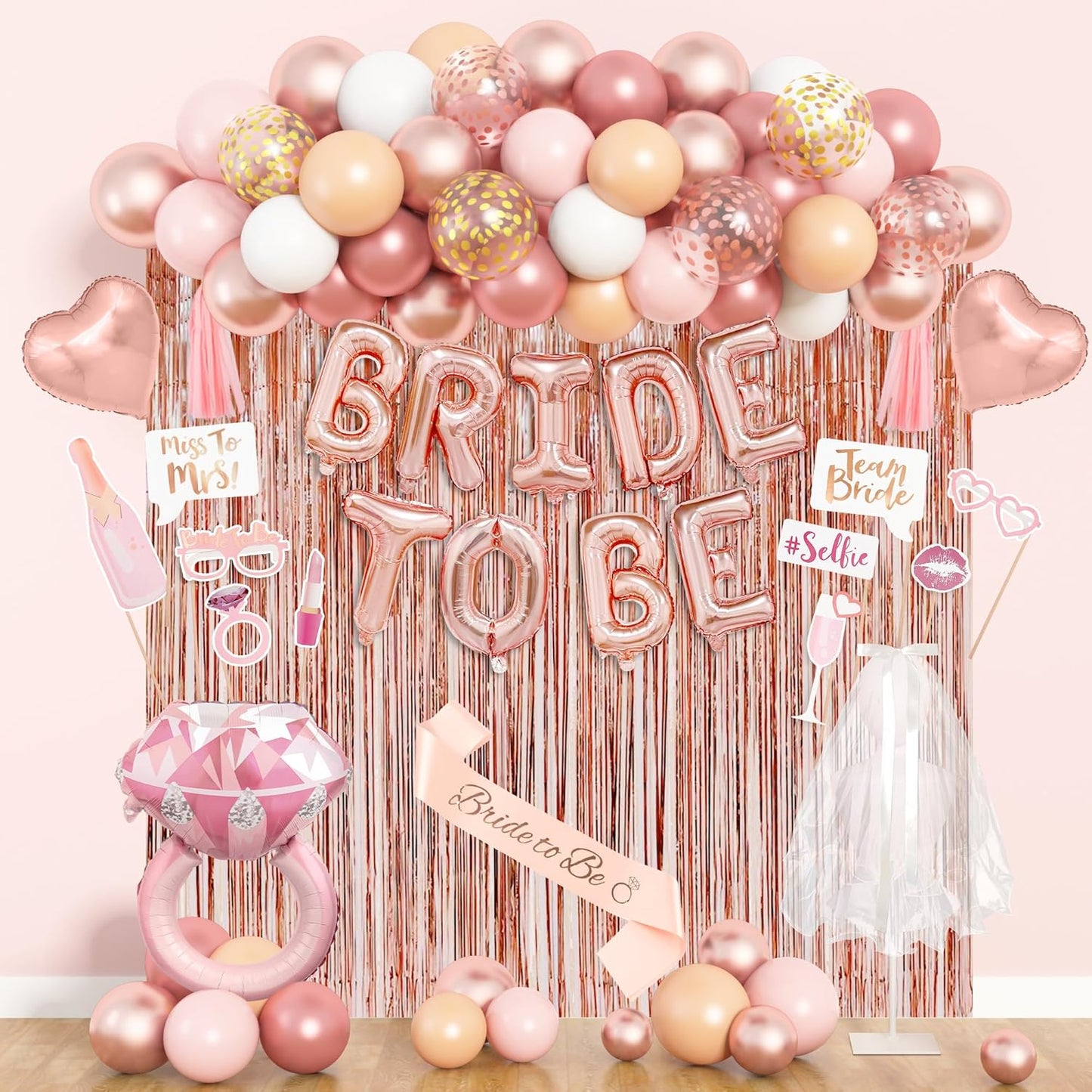 Amandir Bachelorette Party Decorations Supplies, Rose Gold Bridal Shower Decorations Bride To Be Pink White Gold Confetti Foil Heart Balloons, Veil, Photo Booth Props, Fringe Curtains, Paper Tassels