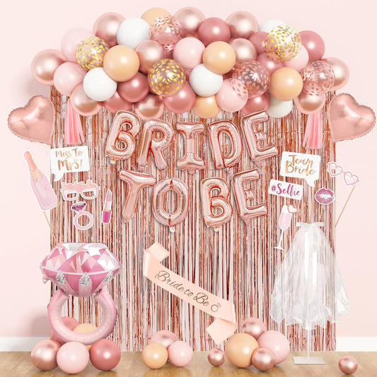 Amandir Bachelorette Party Decorations Supplies, Rose Gold Bridal Shower Decorations Bride To Be Pink White Gold Confetti Foil Heart Balloons, Veil, Photo Booth Props, Fringe Curtains, Paper Tassels