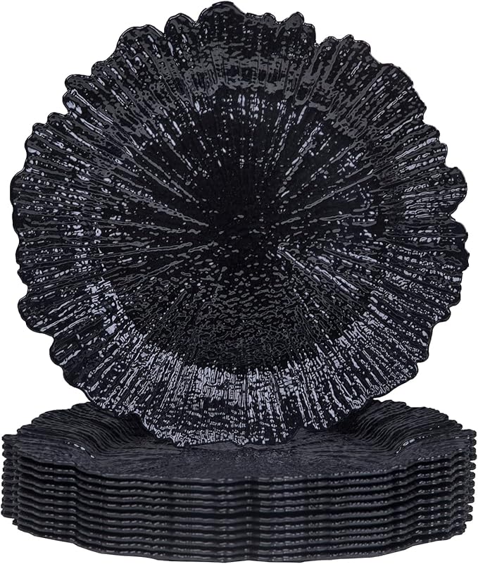 MAONAME Black Charger Plates Set of 12, Reef Plate Chargers for Dinner Plate, Plastic Decorative Plates for Table Setting, Thanksgiving, Christmas