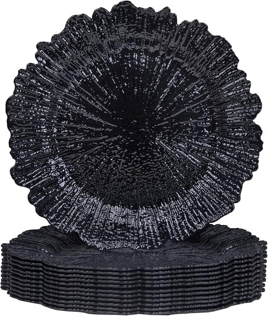 MAONAME Black Charger Plates Set of 12, Reef Plate Chargers for Dinner Plate, Plastic Decorative Plates for Table Setting, Thanksgiving, Christmas