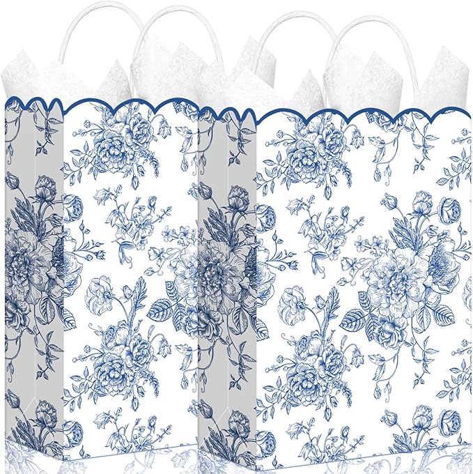 Kolldenn 24 Pcs Blue Floral Party Favor Bags with Handles 10 x 5 x 13 Inch Large Scalloped Wildflower Goodie Candy Gift Treat Bags for Birthday Decoration for Bridal Baby Shower Party Supplie
