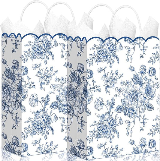 Kolldenn 24 Pcs Blue Floral Party Favor Bags with Handles 10 x 5 x 13 Inch Large Scalloped Wildflower Goodie Candy Gift Treat Bags for Birthday Decoration for Bridal Baby Shower Party Supplie