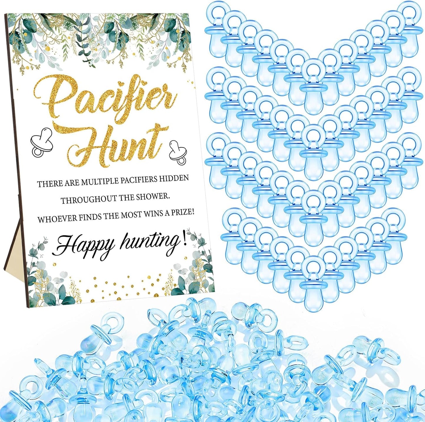 Thyle 51 Pcs Pacifier Hunt Baby Shower Games Include Hunt Sign and 50 Acrylic Pacifiers for Baby Shower Game Decoration Gift Sets Gender Reveal Party Decor(Greenery)