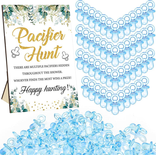 Thyle 51 Pcs Pacifier Hunt Baby Shower Games Include Hunt Sign and 50 Acrylic Pacifiers for Baby Shower Game Decoration Gift Sets Gender Reveal Party Decor(Greenery)